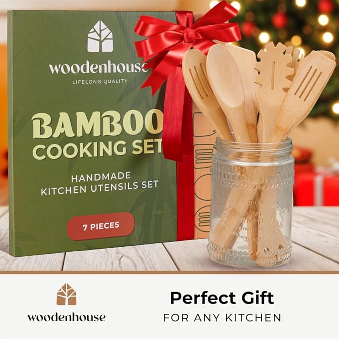 Wooden Utensil Set, Bamboo Utensils – 7 PCs Wood Spoons for Cooking, Easy to Clean, Sturdy, Lightweight & Heat Resistant