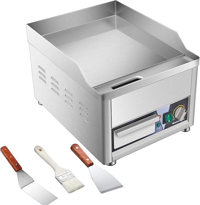 Commercial Electric Griddle with Spatulas,14",1800W Stainless Steel Countertop Flat Top Grill Indoor,122-572℉ Adjustable Temp Control 2 Shovels and Brushes 110V