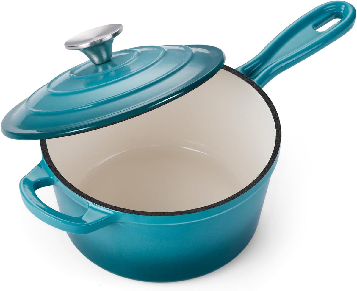 Enameled Cast Iron Sauce Pan, Onader 2QT Saucepan with Lid, Small Cast Iron Pot for Cooking, Enamel Dutch Oven Nonstick & Heavy Duty – Dark Cyan