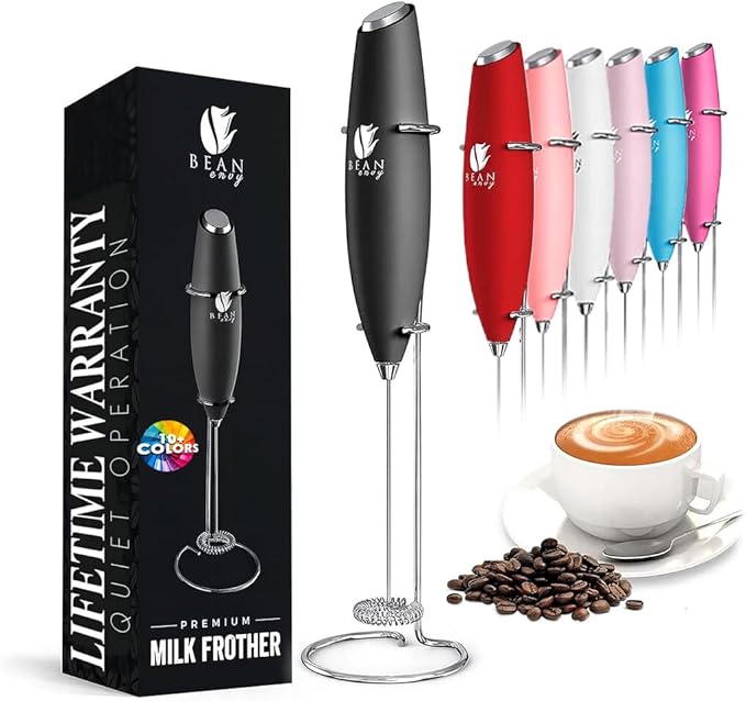 Bean Envy Milk Frother, Coffee Stirrers, Frother Wand, Milk Frother Handheld, Frother with stand, Hand Blender for Coffee, Lattes, Cappuccino, Matcha and Hot Chocolate – Kitchen Gifts - Black