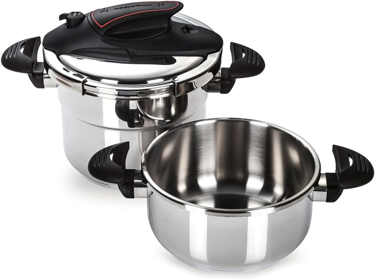 MAGEFESA Prisma Pressure Cooker, 4.2+6.3 Qt, 18/10 Stainless Steel, Easy Lock, Induction Compatible, 5 Safety Systems, 11.6 PSI