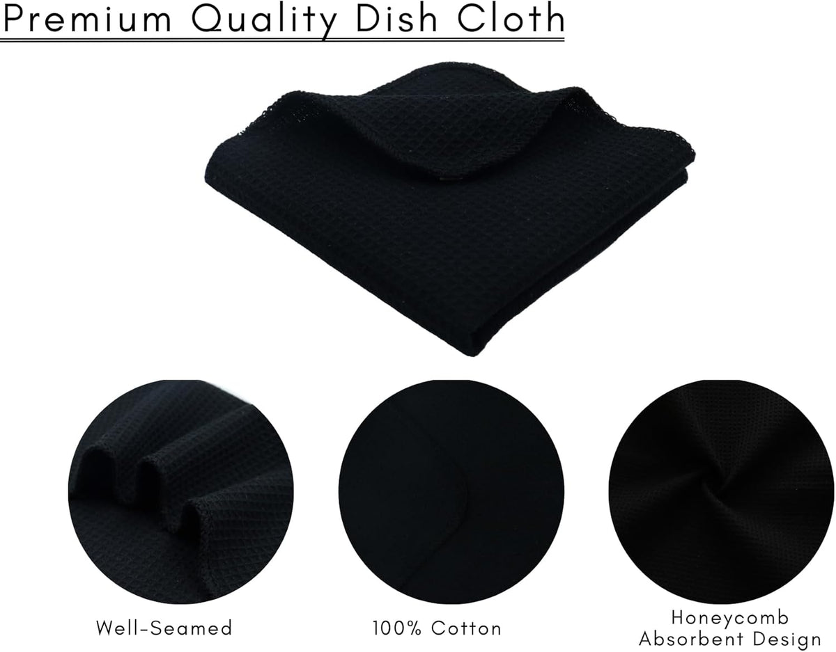 PurpleEssences Dish Cloths and Dish Rags - 6 Pack Waffle Weave Solid Kitchen Dish Wash Cloths, 100% Cotton, 12 x 12 Inches, Ultra Soft Absorbent Quick Drying - Spring Summer - Black