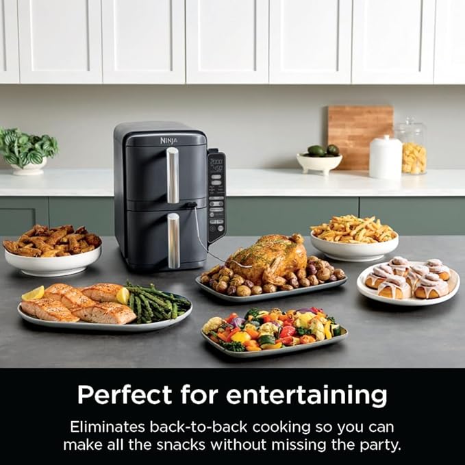 Ninja DoubleStack XL Smart 2-Basket Air Fryer, Smart Cook System, DoubleStack Technology Cook 4 Foods at Once, Space Saving Design, 10 QT, 6-in-1, Smart Finish & Match Cook, Air Fry, Broil, Bake SL451