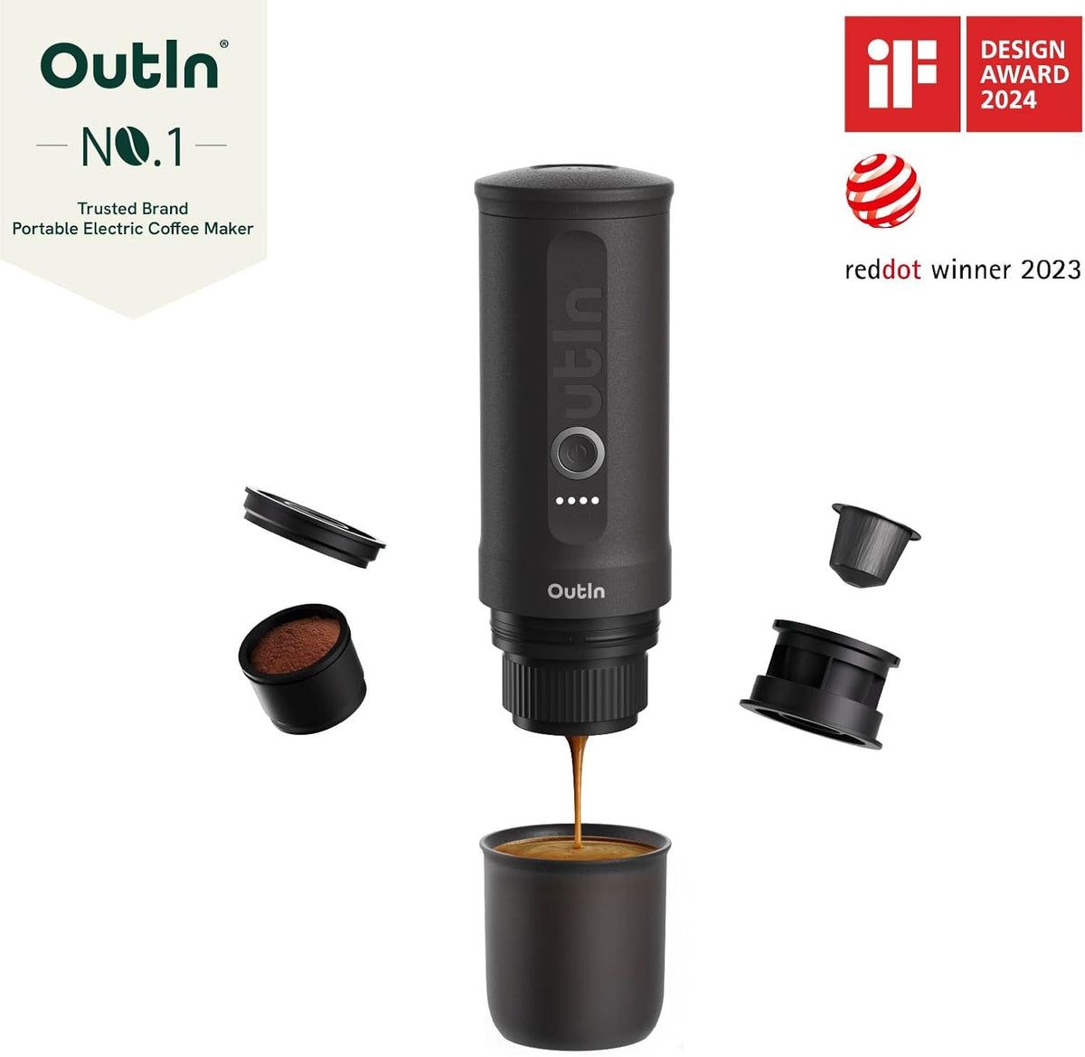 OutIn Nano Portable Electric Espresso Machine, Travel Coffee Maker for Camping, Car Coffee Maker Self-Heating with USB-C, With Ground Coffee & NS Capsule for RV, Hiking, Office