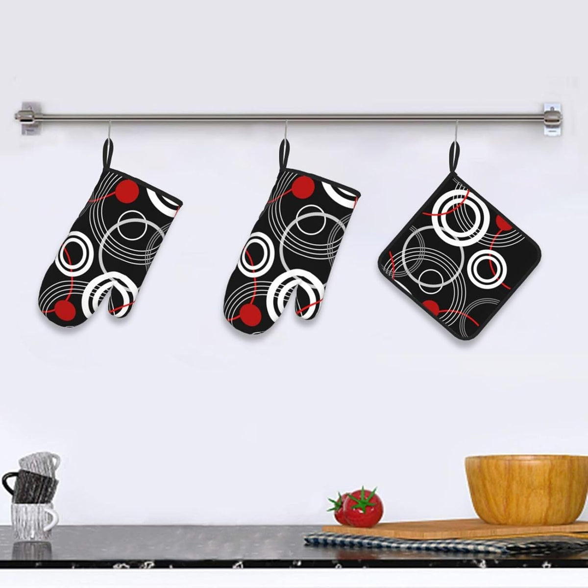 Modern Black Red Retro Oven Mitts and Pot Holders Sets of 3 Abstract Modern Hot Pads Heat Resistant Non Slip Washable for Cooking Grilling Baking BBQ Kitchen Decor
