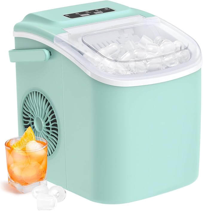 Silonn Countertop Ice Maker, 9 Cubes Ready in 6 Mins, 26lbs in 24Hrs, Self-Cleaning Ice Machine with Ice Scoop and Basket, 2 Sizes of Bullet Ice for Home Kitchen Office Bar Party, Green