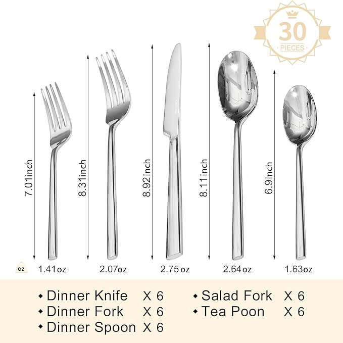 KINGSTONE Silverware Set, 30-Piece Forged Flatware Set Cutlery Set Premium Stainless Steel, Service for 6, for Kitchen, Home, Wedding, Party, Mirror Polished and Dishwasher Safe