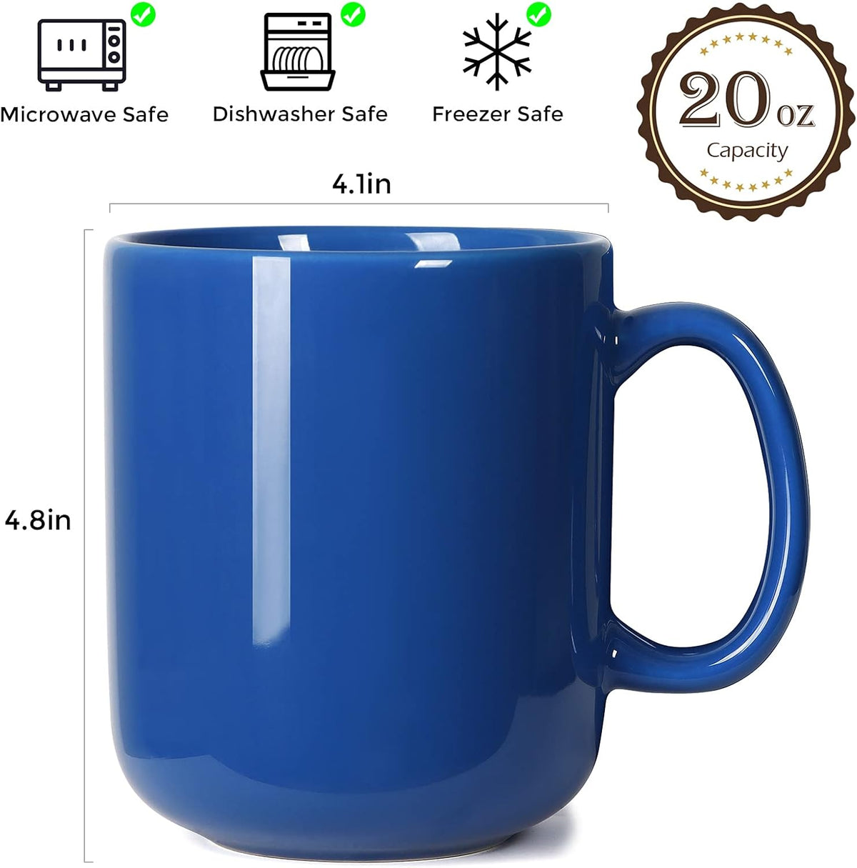 Smilatte 20 OZ Large Coffee Mug, M016 Plain Ceramic Boss Big Tea Cup with Handle for Dad Men, Set of 2, Blue