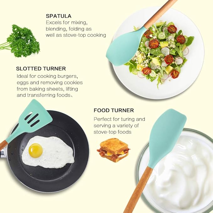 MIBOTE Silicone Cooking Kitchen Utensils Set with Holder, Wooden Handles Cooking Tool BPA Free Turner Tongs Spatula Spoon Kitchen Gadgets Set for Nonstick Cookware (Teal)