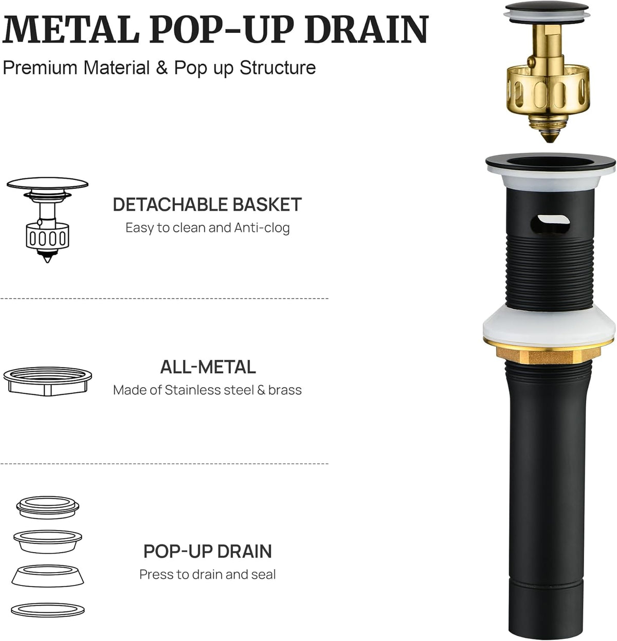 Pop up Sink Drain Stopper for Bathroom Vessel Vanity Sink Art Basin Matte Black, Small Cap with Overflow, Metal Pop-up Drain Strainer with Detachable Basket Stopper