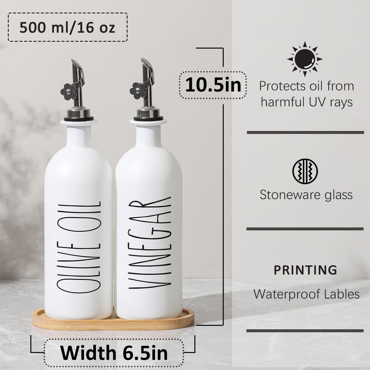 HOMCDALY 16oz Olive Oil Dispenser Bottles for Kitchen, White Oil and Vinegar Dispenser Set, Two Olive Oil Bottles with Bamboo Tray | Set of 2 (16oz-P-White)