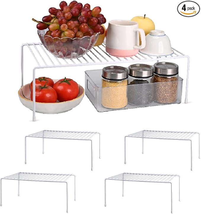 4-Pack Medium (14.8x8.5inch) Kitchen Organizer Rack, Kitchen Shelves for Spice Organization for Cabinet, Pantry Organizers and Storage, Spice Rack, Desk Organizer, White