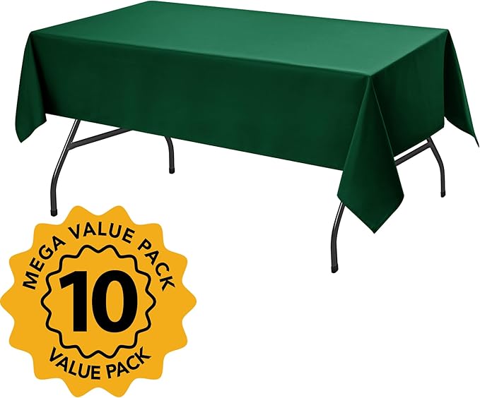 10-Pack Hunter Green Tablecloths for Rectangle Tables, 60 x 84 Inches, Stain-Resistant Polyester Fabric for 4 Foot Tables - Washable Table Covers for Weddings, Birthday Parties, Events