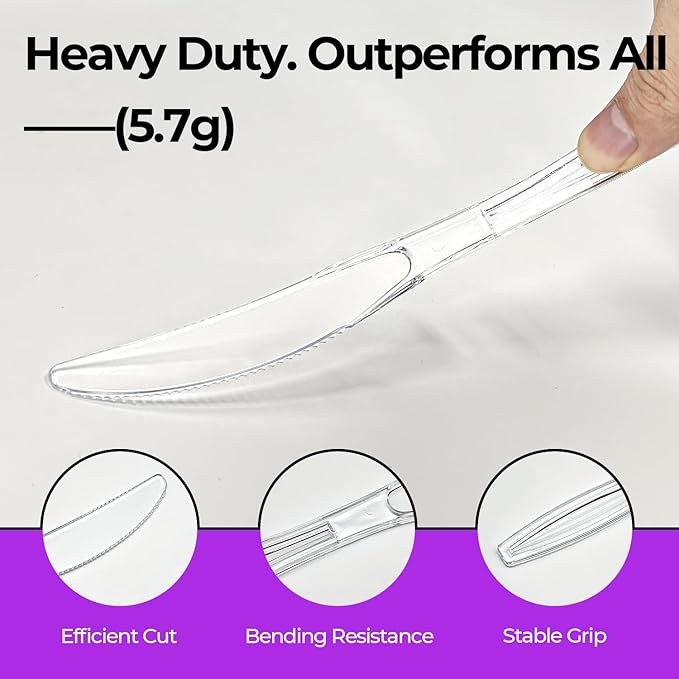 [100 Count] Clear Plastic Knives Heavy Duty, Disposable Steak Knives Plastic Silverware Bulk Washable Cutlery Set Serving Utensils Tableware for Party Supplies,Daily Use,Picnic,Camping,Wedding,BBQ
