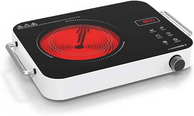 Electric Cooktop 110v, Portable Electric Stove 1800W Infrared Hot Plate, Nafewin Single Burner Cooktop Countertop with Handle, 4-Hours Timing Setting, Compatible for All Cookwares