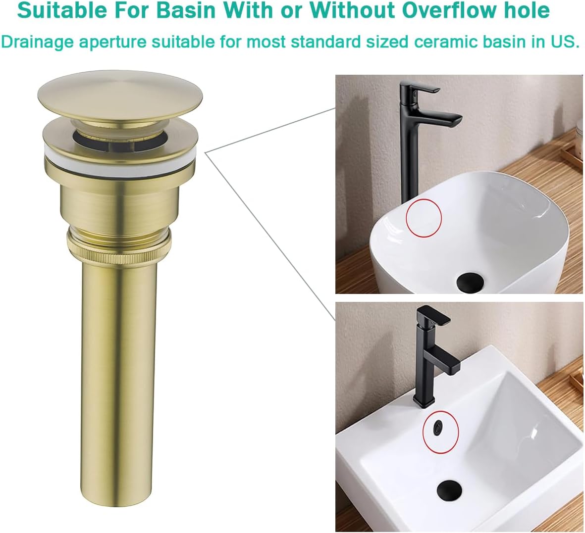 Dual Use Pop Up Drain Stopper,Bathroom Vanity Vessel Sink Stopper,Brushed Gold, for Basin With or Without Overflow hole,SE83999BG