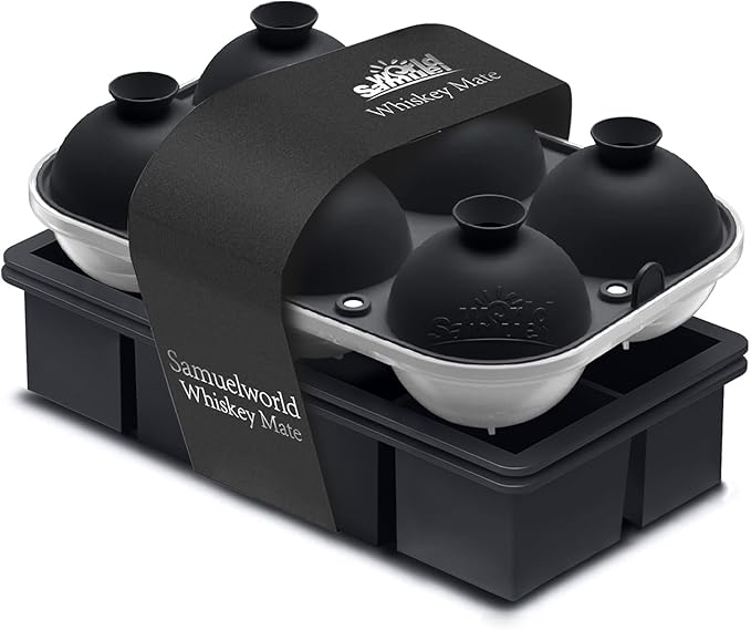 Samuelworld Premium Ice Tray Combo (16 Ice Cubes/6 Ice Ball), Large Ice Sphere Maker & New Upgraded Ice Cube Trays, Food Grade, Spill-Free Integrated Funnels, Whiskey Bourbon Cocktails, Black