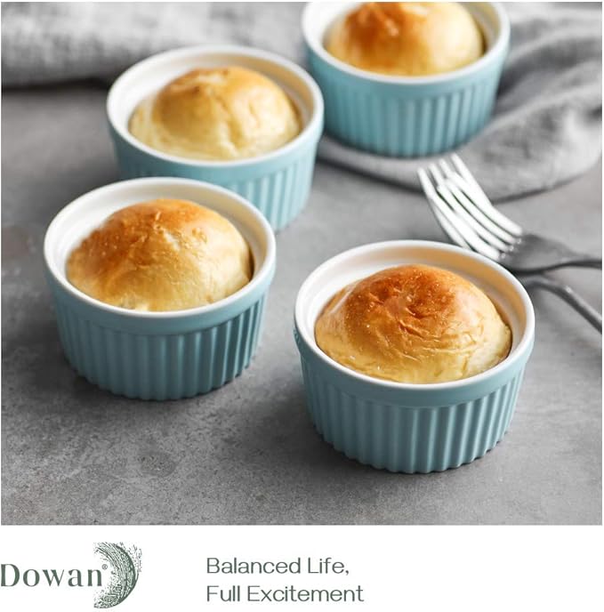 DOWAN 4 oz Ramekins - Ramekins for Creme Brulee Porcelain Ramekins Oven Safe, Classic Style Ramekins for Baking Souffle Ramekins Ramekins Bowls, Set of 6, Blue
