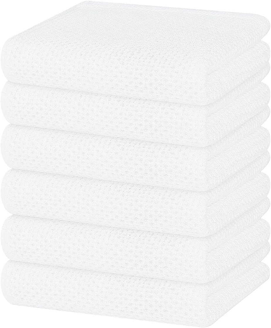 Homaxy 100% Cotton Waffle Weave Kitchen Dish Towels, Ultra Soft Absorbent Quick Drying Cleaning Towel, 13 x 28 Inches, 6-Pack, White