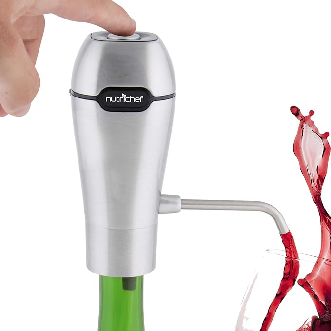 NutriChef Stainless Steel Electric Wine Aerator - Pocket and Travel Bottle Tap Aerating Dispenser Pump Set w/Rechargeable Battery, Accessories - Air Decanter Diffuser for Red and White Wine