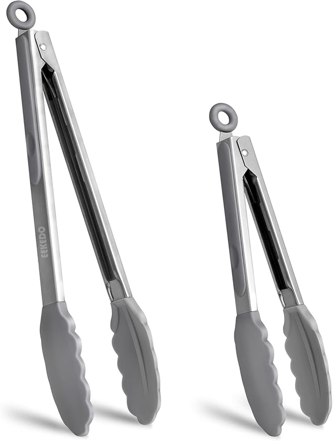 Kitchen Tongs, Stainless Steel Silicone Tongs for Cooking 600ºF High Heat-Resistant BBQ Grilling Locking Tongs, Set of 2-9" and 12" Light Grey