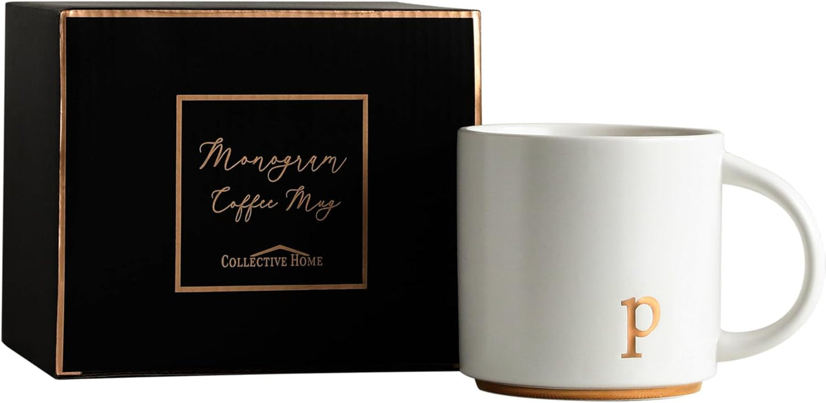 COLLECTIVE HOME - Monogram Ceramic Mugs, 15 oz Golden Initial Coffee Cups, Elegant Alphabet Tea Mugs, Elegant Personalized Mug with Gift Box, Luxurious Cups for Office and Home (p)