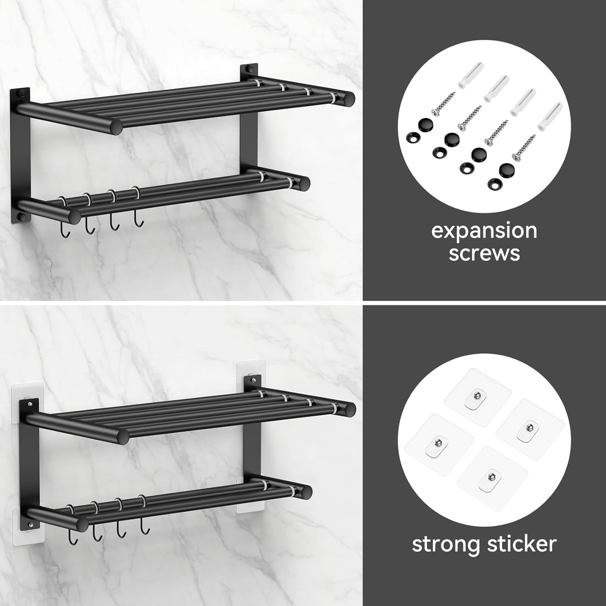 Adjustable Towel Bar for Bathroom Wall Mount17-30.7inch Adhesive Shower Towel Rack Stainless Steel Bath Towel Holders for Toilet Kitchen Double Towel Hanger (Black Mobile Hook Towel Rack)
