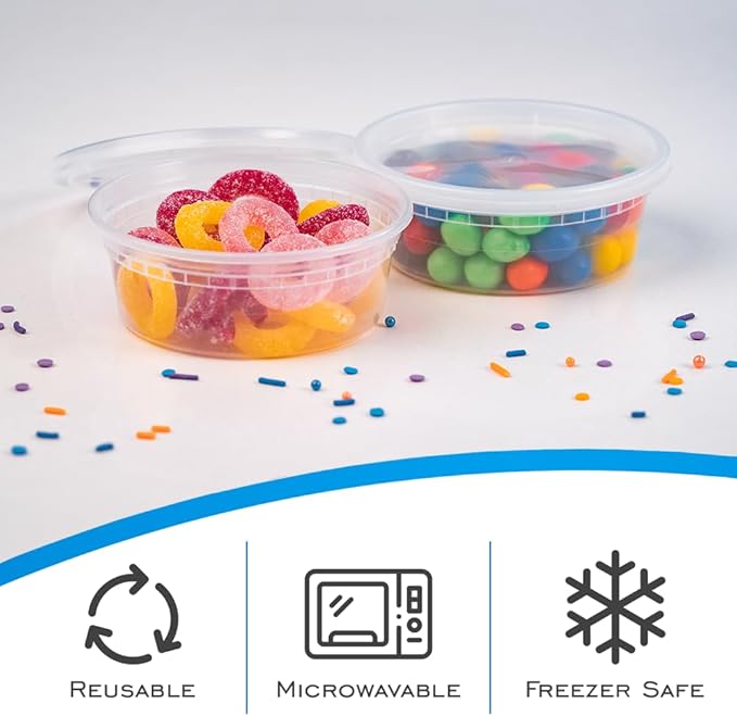 EDI [8 OZ, 50 Sets] Plastic Deli Food Storage Containers with Airtight Lids | Microwave-, Freezer-, Dishwasher-Safe | BPA Free | Heavy-Duty | Meal Prep | Leakproof | Recyclable