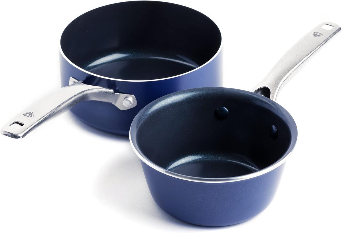 Blue Diamond Cookware 1QT and 2QT Saucepan Set, Diamond Infused Ceramic Nonstick, PFAS and PFOA-Free, Dishwasher Safe, Oven Safe, Durable, Versatile, Easy Clean, Even Heating, Blue