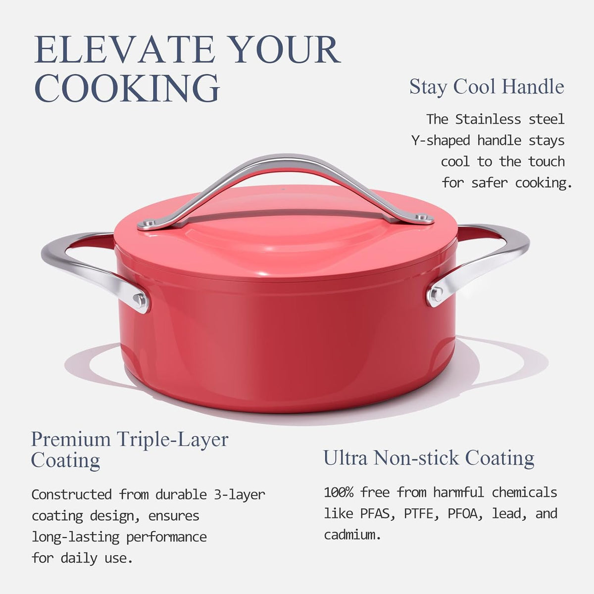 Stock Pot 4.5qt Dutch Oven with Lid (9.5") Nonstick Ceramic Coated Non-Toxic PFAS-Free Even Heat Distribution for Braising, Baking Bread & Soups, Compatible for All Cooktops(Induction/Gas/Electric) Oven Safe to 500°F (Fusion Red)