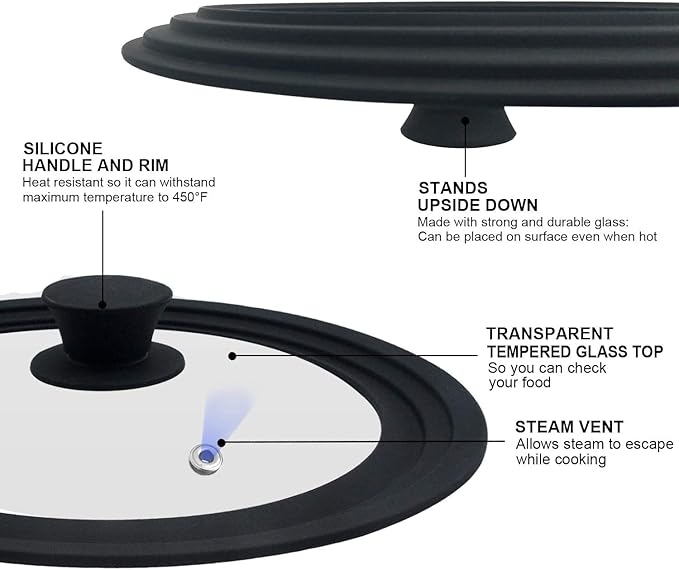Universal Lid for Pots, Pans and Skillets - Walfos Tempered Glass Pan Lid with Heat Resistant Silicone Rim, Multi-Sizes BPA Free Pot Lids Fits 8", 9" and 9.5" Diameter Cookware, Dishwasher-Safe, Black
