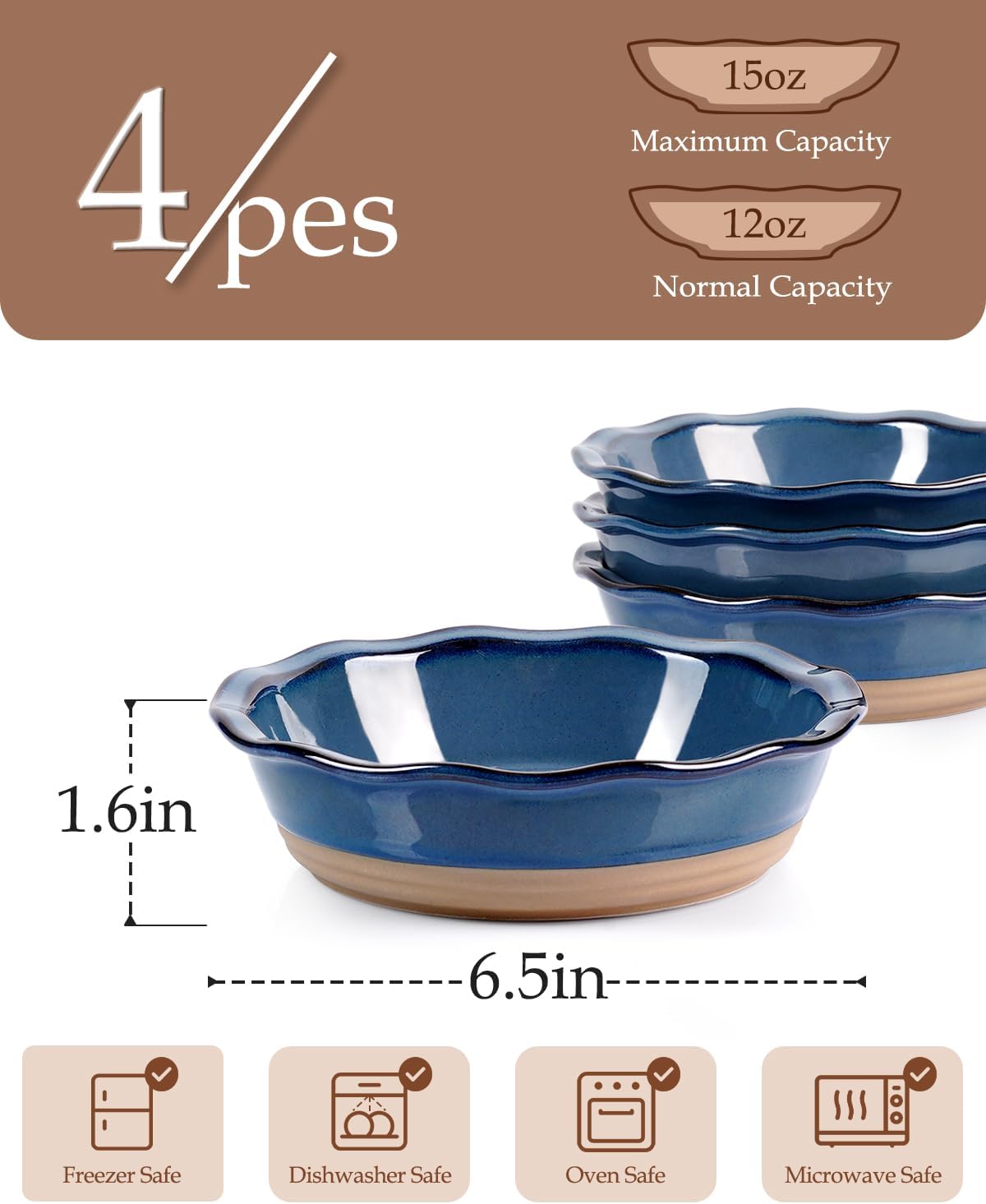 NUTRIUPS 6.5 Inch Ceramic Pie Pans Set of 4, Round Baking Dish for Kitchen, Round Pie Dish Oven Safe