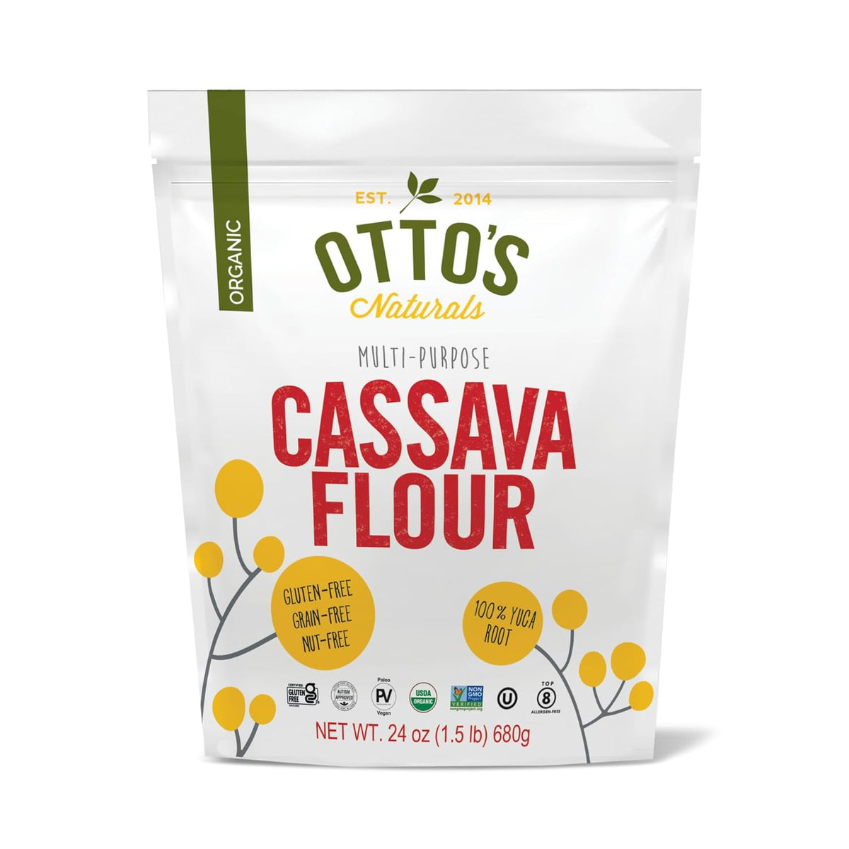 Otto's Naturals Organic Multi-Purpose Cassava Flour, Gluten-Free, Grain, Nut and Gum-Free, 1-to-1 Wheat Alternative, Paleo, AIP, 1.5 lb