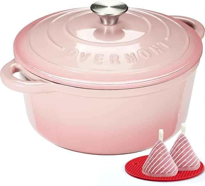 Overmont Enameled Cast Iron Dutch Oven - 5.5QT Pot with Lid Cookbook & Cotton Potholders - Heavy-Duty Cookware for Braising, Stews, Roasting, Bread Baking pink