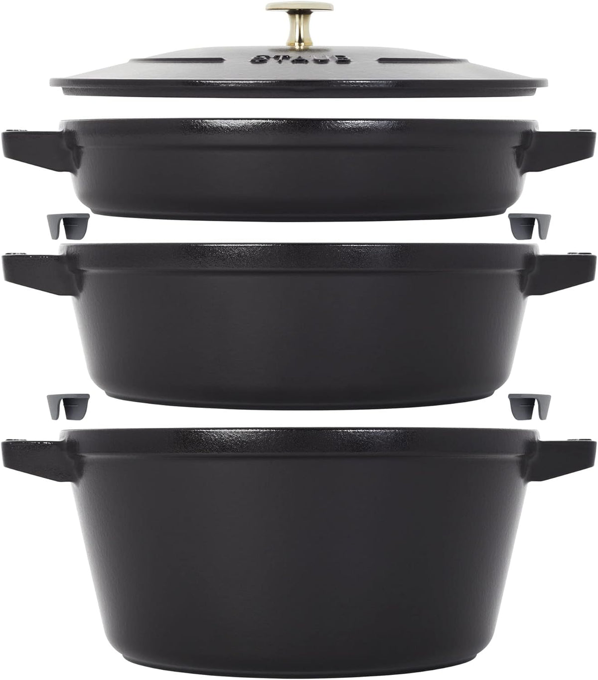 STAUB Cast Iron Set 4-pc, Stackable Space-Saving Cookware Set, Dutch Oven, Skillet, Grill Pan with Universal Lid, Made in France, Matte Black