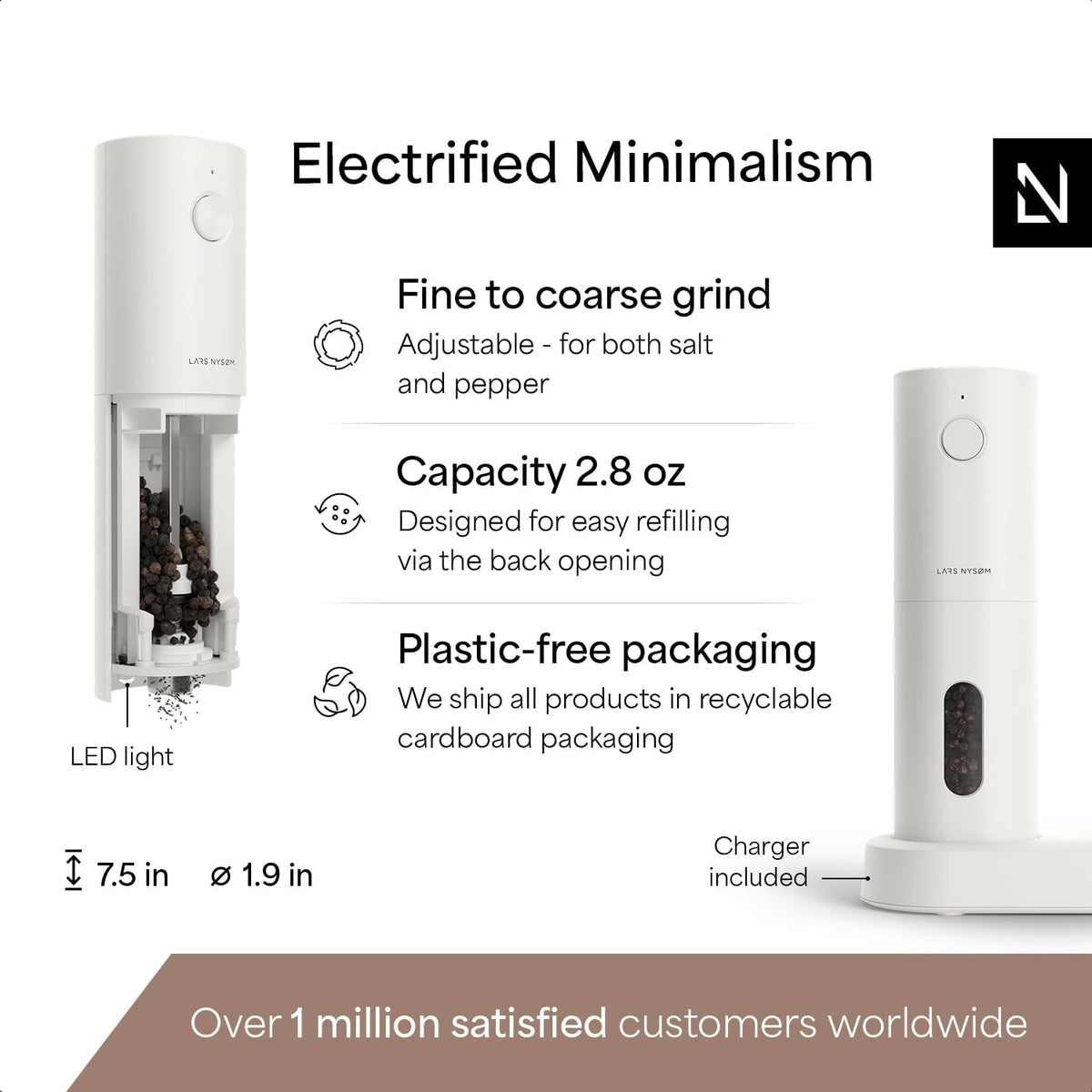 LARS NYSØM Electric Salt and Pepper Grinder Set, USB Rechargeable, Automatic Salt and Pepper Mills, Spice Shakers Refillable with LED Light, Adjustable Coarseness, Ceramic Grinder (Pure White)