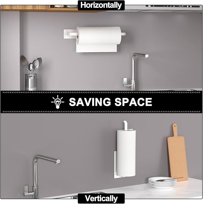 Paper Towel Holder - Self-Adhesive or Drilling, White, Upgraded Aluminum Kitchen Roll Dispenser Under Cabinet, Lighter but Stronger Than Stainless Steel!