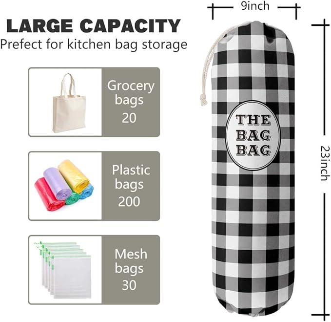 Black White Buffalo Check Plaid Grocery Bags Holder Organizer For Shopping Bags，Wall Mount Plastic Bags Storage Container Dispensers, Kitchen Housewarming Gifts For Women Family Friends Grandma Mom
