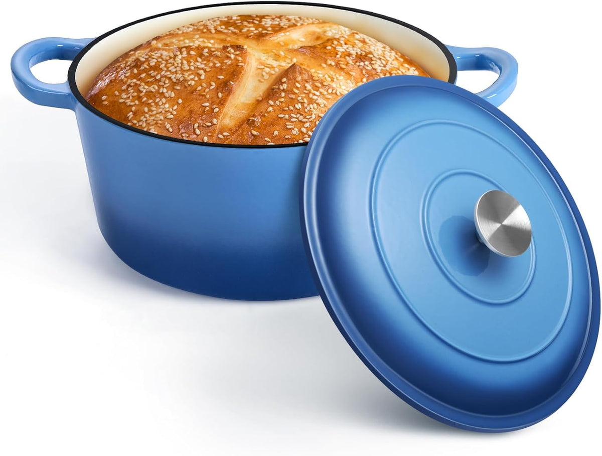 P&P CHEF 7QT Enameled Dutch Oven, Cast Iron Dutch Oven Pot with Lid for Bread Baking, Enameled Casserole Pot for Roasting Braising Stewing Frying Simmering, Various Stoves & Easy Clean, Blue