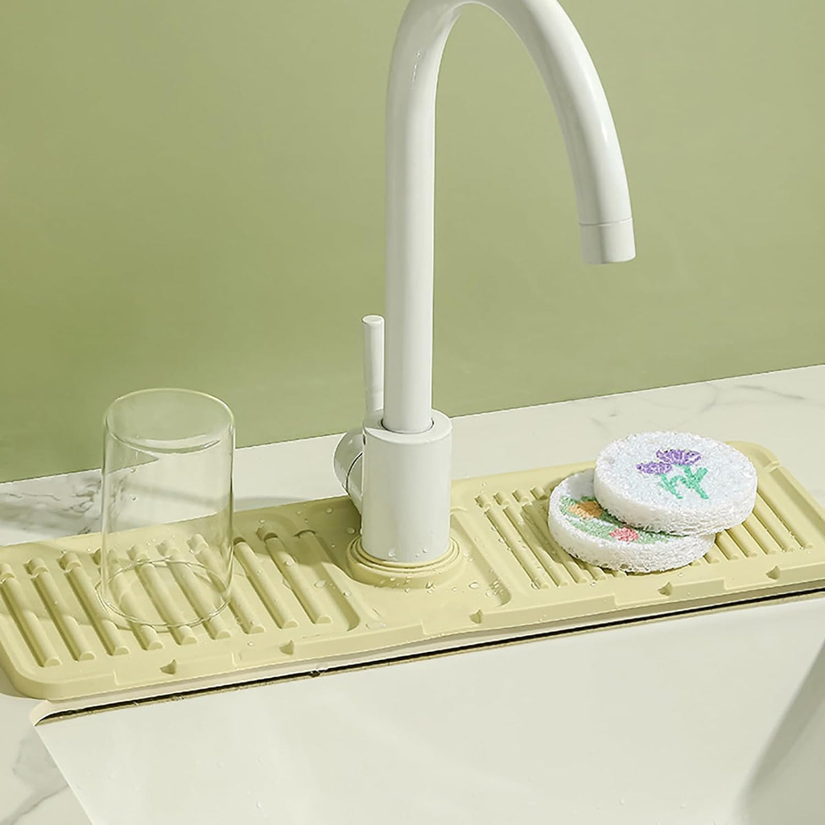 Faucet Mat for Kitchen Sink - 2024 Upgraded Premium Silicone Splash Guard with Fast Drying Properties - Protective Sink Tray Ideal for Stone Sinks in Kitchen & Bathroom (2, Beige)