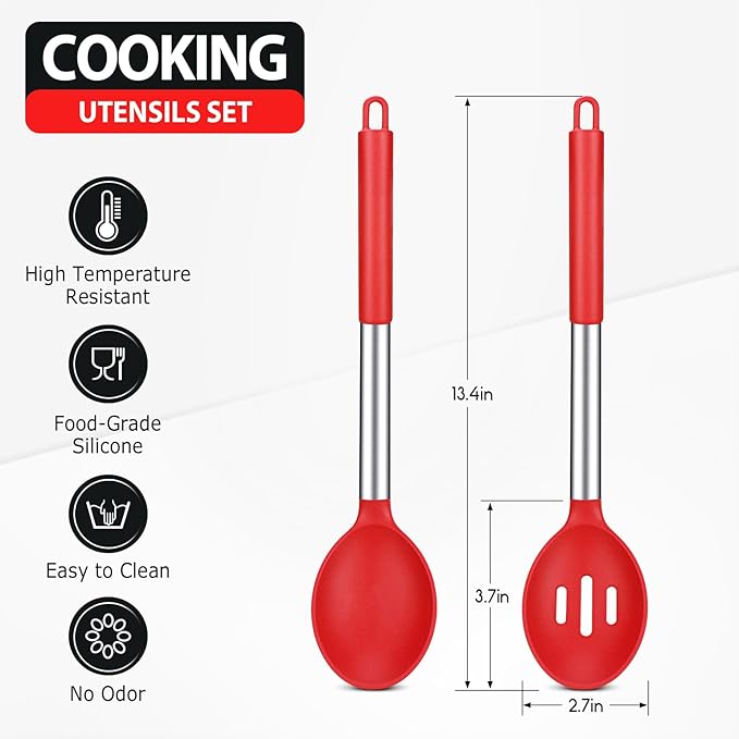 Pack of 2 Large Silicone Cooking Spoons, Non-Stick Stainless Steel Slotted and Solid Spoon Set for Serving, Mixing, Draining, Heat Resistant, Scratch Resistant and BPA Free Kitchen Scoops (Red)