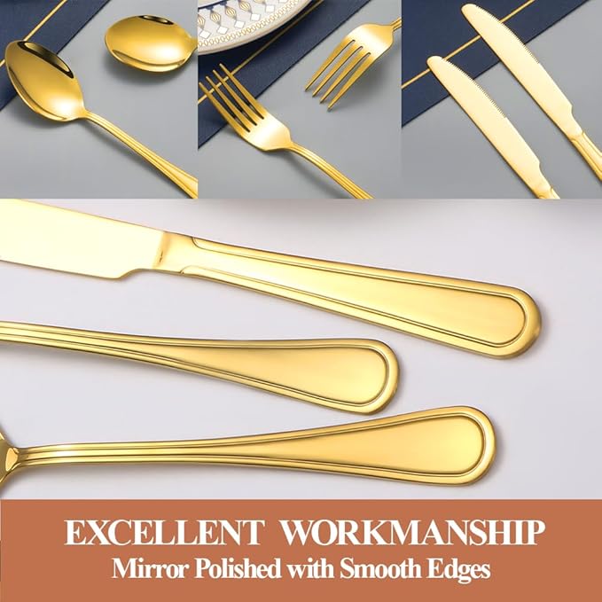 20 Pcs Gold Silverware Set for 4 with Simple Striped Handle Design, Food Grade Stainless Steel Flatware Set, Eating Utensils Sets Include Fork/Knife/Spoon, Cutlery Set, Dishwasher Safe