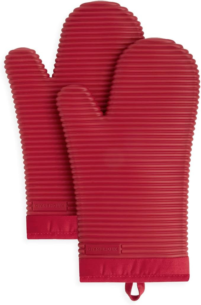 KITCHENAID Ribbed Soft Silicone Oven Mitt 2-Pack Set, 7.5"x13", Passion Red
