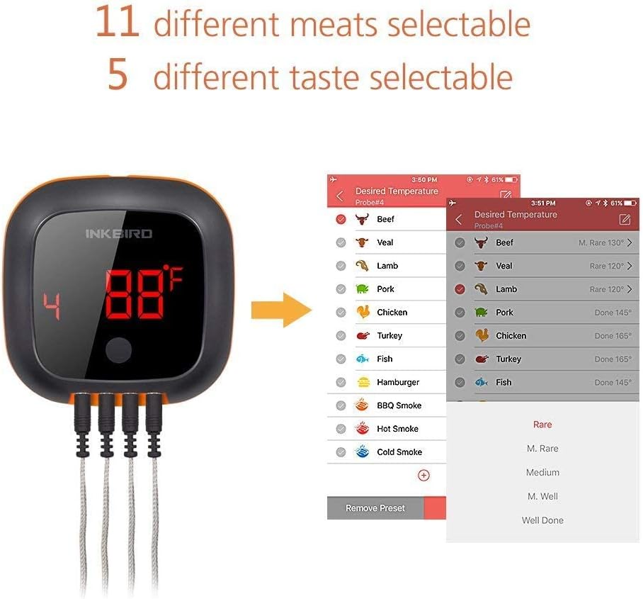 Inkbird Bluetooth Digital Wireless Meat Thermometer with 4 Probes Timer, Alarm,150 ft Barbecue Cooking Kitchen Food Meat Thermometer for Grill BBQ Smoker, Oven, Drum