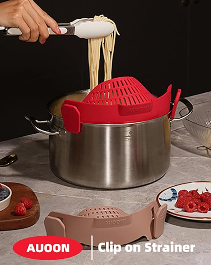 Large AUOON Clip on Strainer for All Pots and Pans - Oversized Silicone Pot Strainer Family-Style Design Pasta Strainer Kitchen Colander for Spaghetti and Noodles | Dishwasher Safe