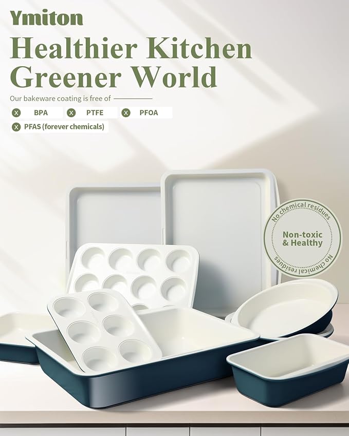 Ceramic Nonstick Baking Pans Set, Non Toxic 33 PCS Stackable Bakeware Sets, 550°F Oven Safe Baking Sheet & Pans, Warp-Free, Dishwasher Safe, PTFE/PFOA/PFOS-Free (Blue)