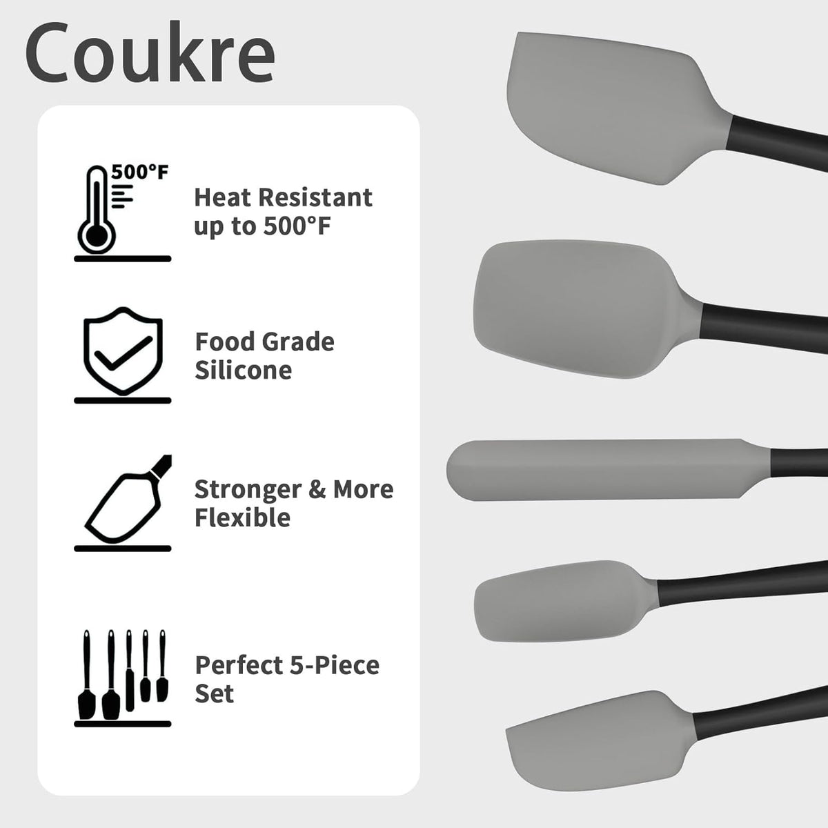 Coukre Silicone Spatula Set of 5,High Temperature Resistant, Food Grade Silicone, Dishwasher Safe, for Baking, Cooking (Gray)