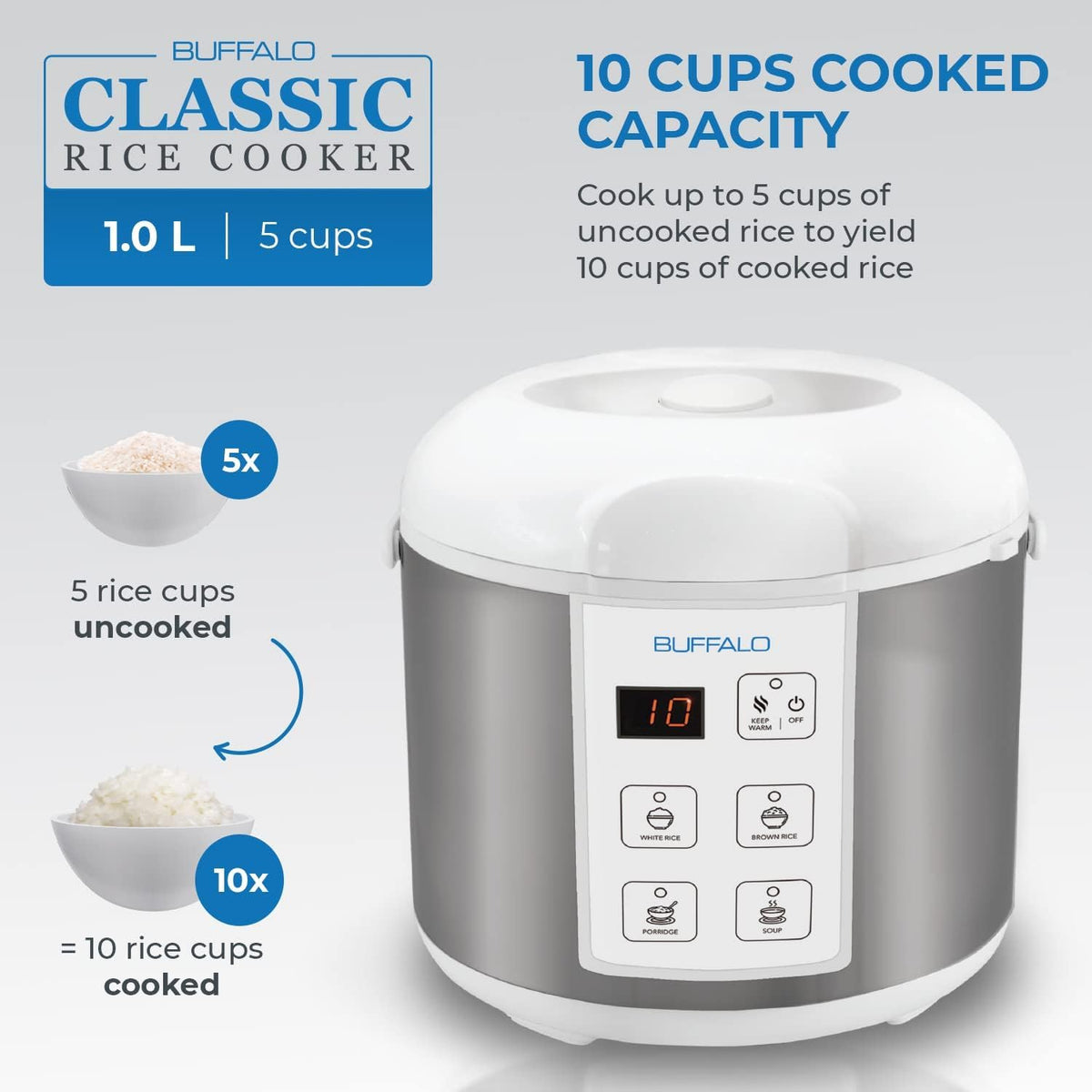Buffalo Classic Rice Cooker with Clad Stainless Steel Inner Pot - Electric Rice Cooker for White/Brown Rice, Grain - Easy-to-clean, Non-Toxic & Non-Stick, Auto Warmer (5 Cup)
