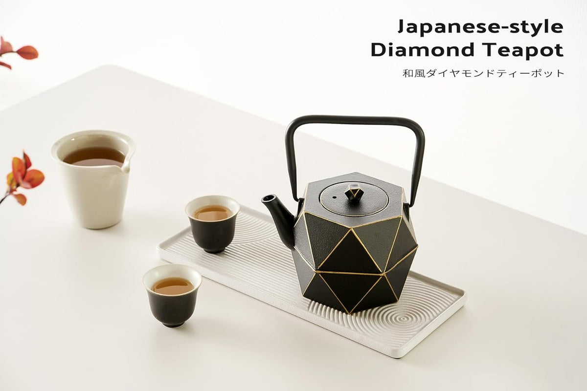 Toptier Cast Iron Teapot, Stovetop Safe Japanese Cast Iron Tea Kettle, Diamond Design Tea Pot with Removable Infuser for Loose Tea, 30 Ounce (900 ml), Black