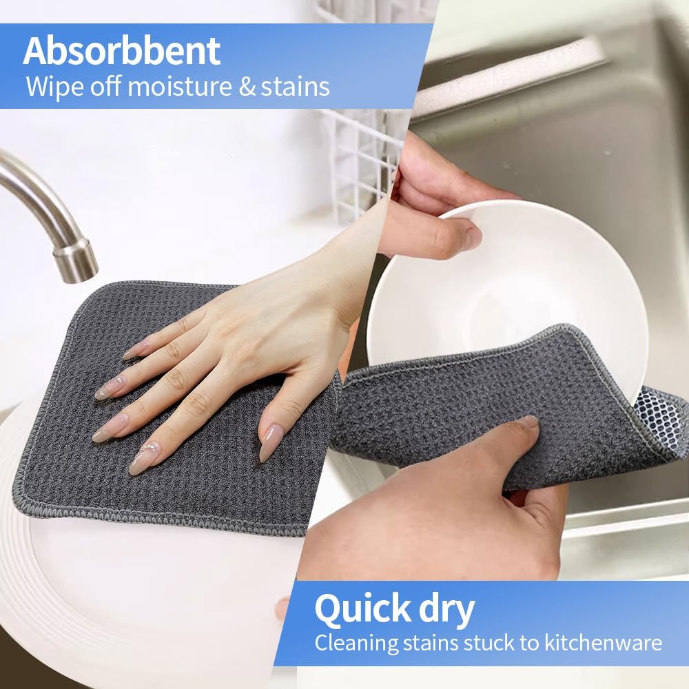 KinHwa Kitchen Washcloths for Dishes Absorbent Microfiber Dish Cloths Quick Dry Dish Rags with Poly Scour Scrub Side Ideal for Kitchen Cleaning(9, Grey, 7in)